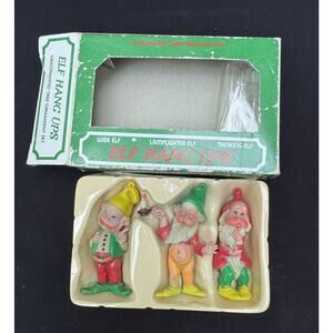 Set of 3 HOLIDAY ELVES Elf HANG UPS Hand Painted Christmas Ornaments In Box! A85